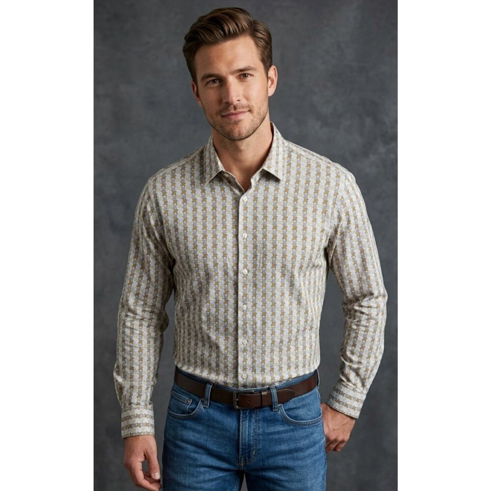 Perry Ellis Mens Shirt Geometric Pattern Long Sleeve Cotton Button Up Size 2XL